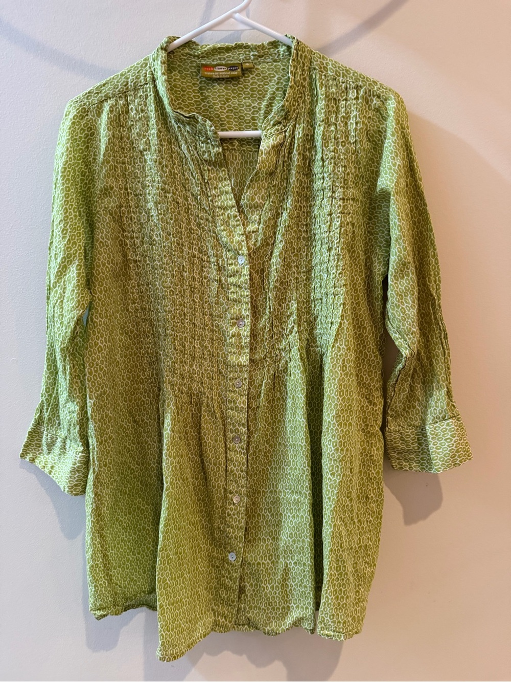Rock Flower Paper Women’s Small Green Geometric 3/4 Sleeve Button Down Shirt